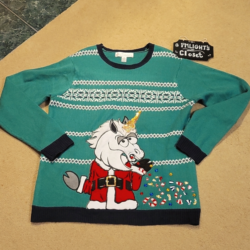 Jolly Sweaters Large Ugly Christmas Unicorn Sweater Green Sparkles